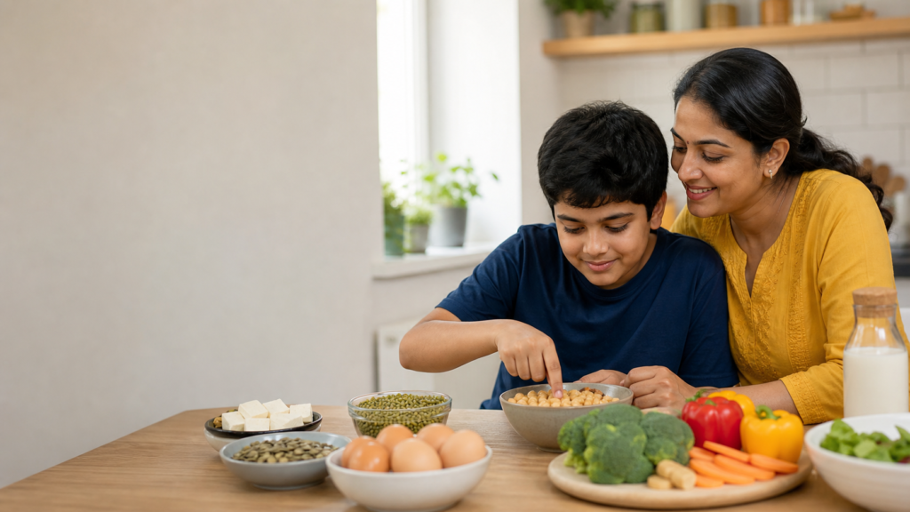 Parent and child exploring balanced food choices together
