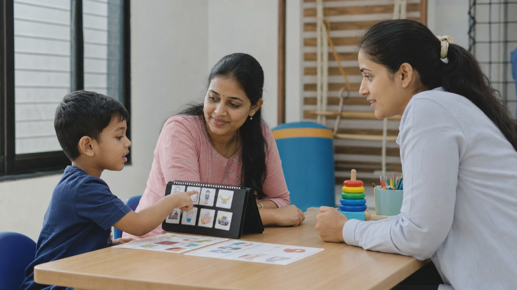 Child using picture communication with a speech-language professional and parent