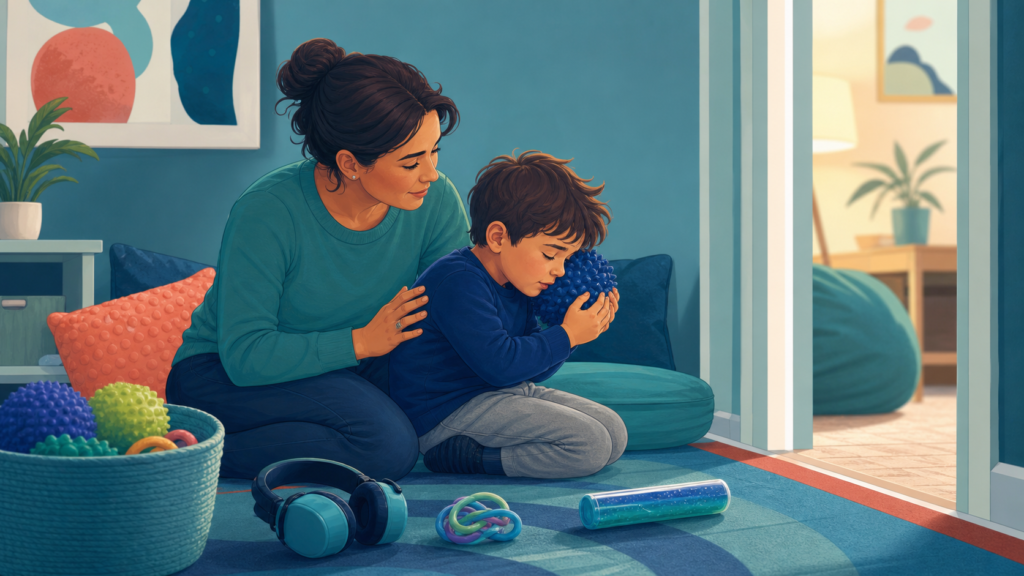 Parent calmly supporting a child with sensory needs