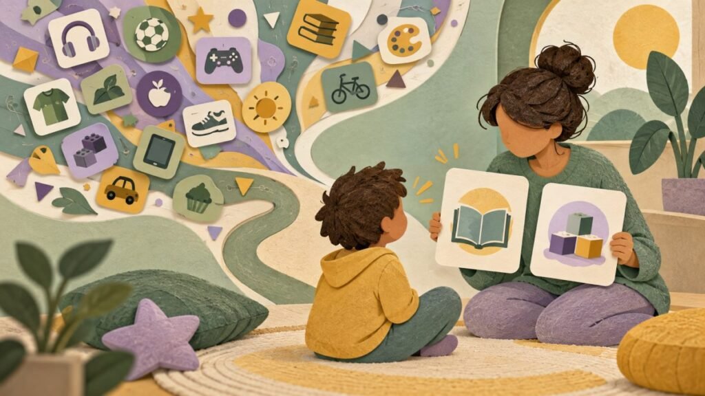 Adult offering two clear picture choices to a neurodivergent child in a calm room