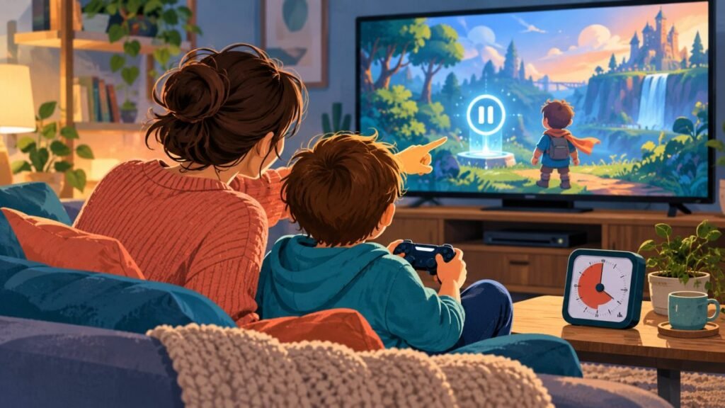 Parent and neurodivergent child preparing for a calm pause during online gaming