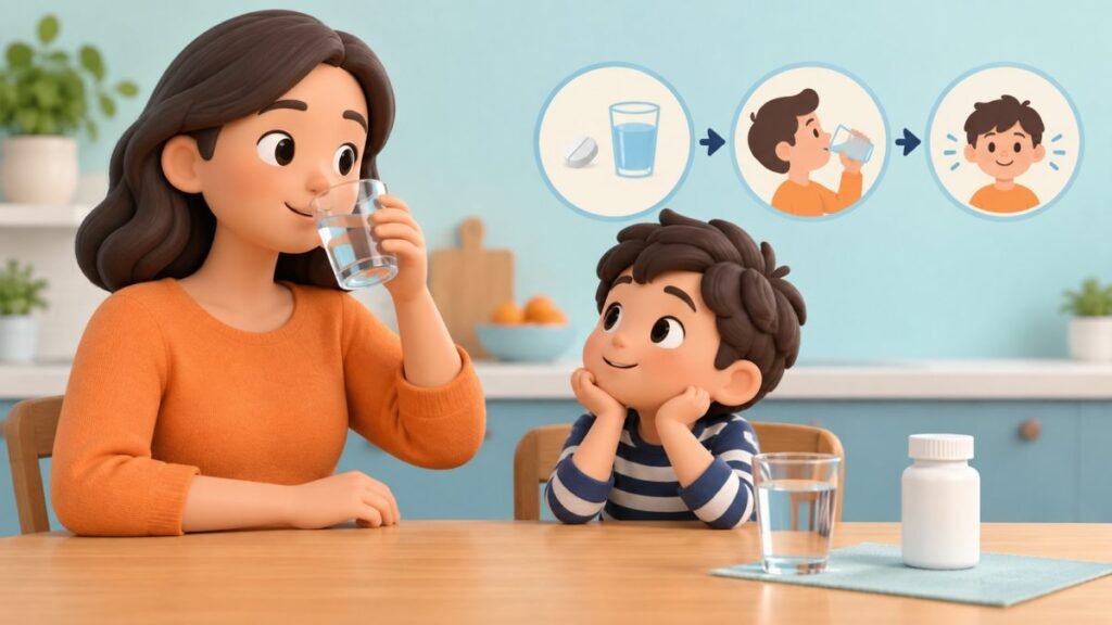 Parent calmly modelling a sip of water during tablet-swallowing preparation