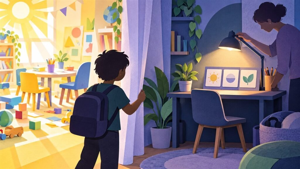 Autistic child choosing a softly lit study space while an adult adjusts a lamp