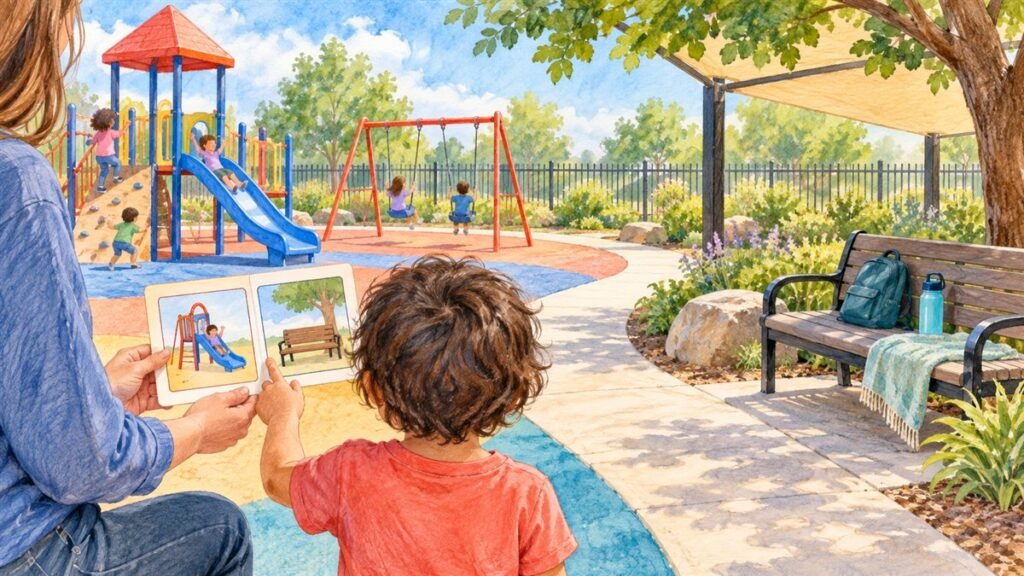 Parent offering play or break picture choices beside a safe shaded playground