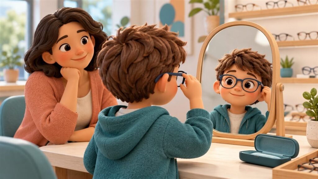 Child trying on new glasses with a supportive parent in a calm optician room