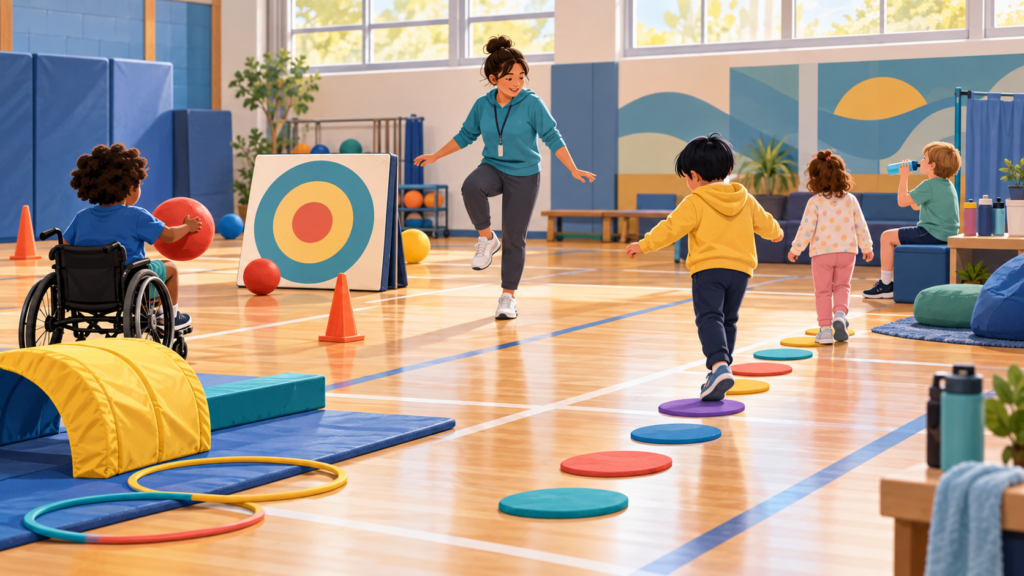 Inclusive school PE session with children choosing adapted movement activities in a calm gym