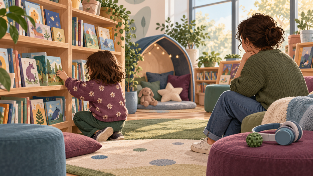 Neurodivergent child choosing a book in a quiet library corner with soft seating and headphones nearby