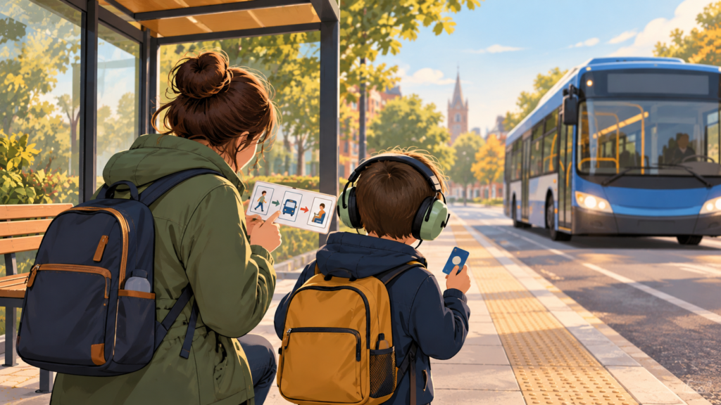 Parent and child calmly practising a familiar bus route with a visual journey card