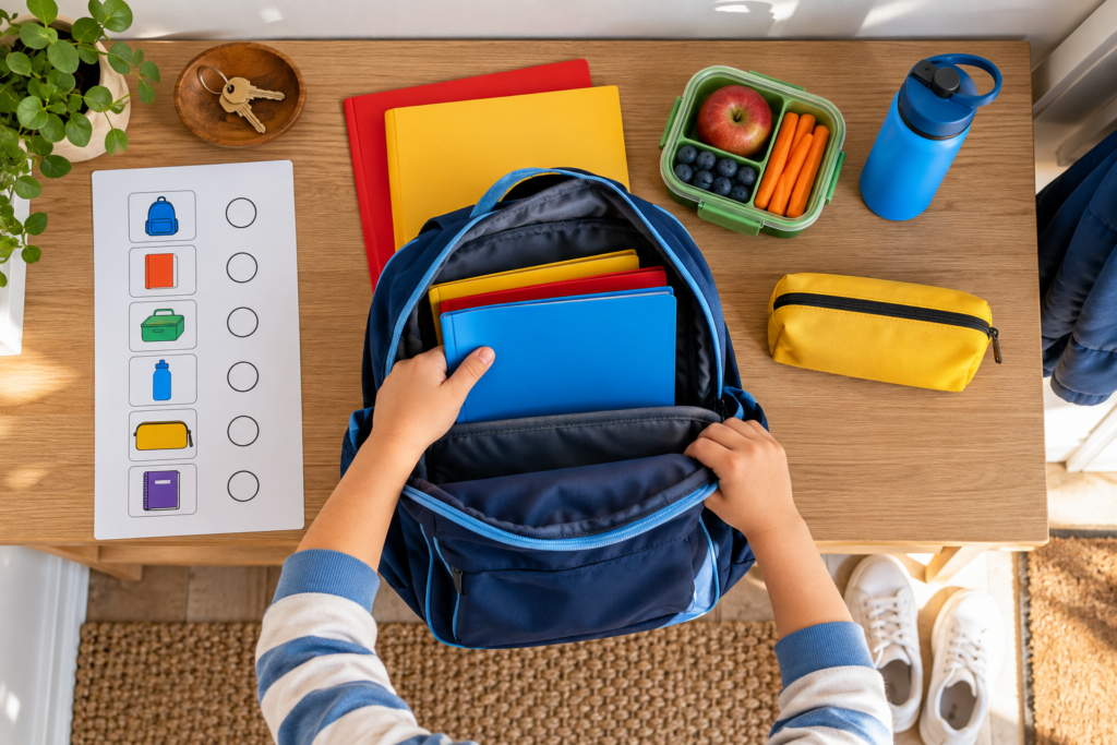 Child’s hands packing colour-coded school supplies into a backpack beside a visual checklist