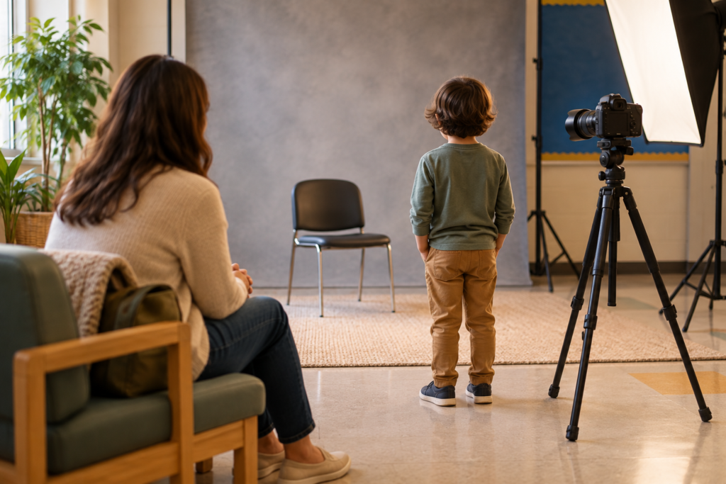 Child viewing a quiet school photo setup from behind while a supportive adult waits nearby