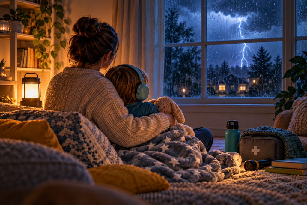 Parent and child sitting safely indoors with headphones and an emergency kit during a thunderstorm