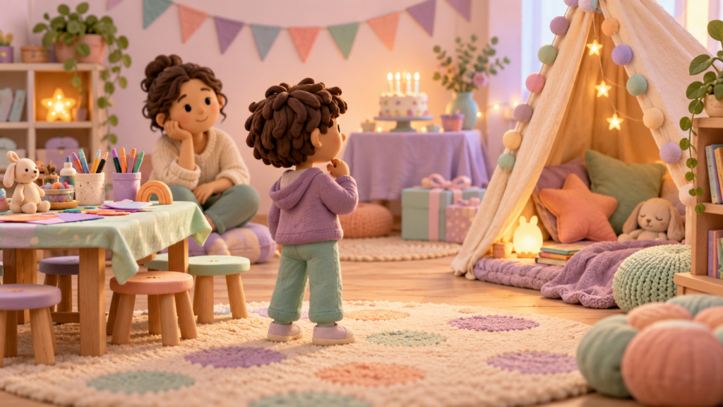 Child choosing between a craft table and a quiet tent at a gentle sensory-friendly birthday celebration