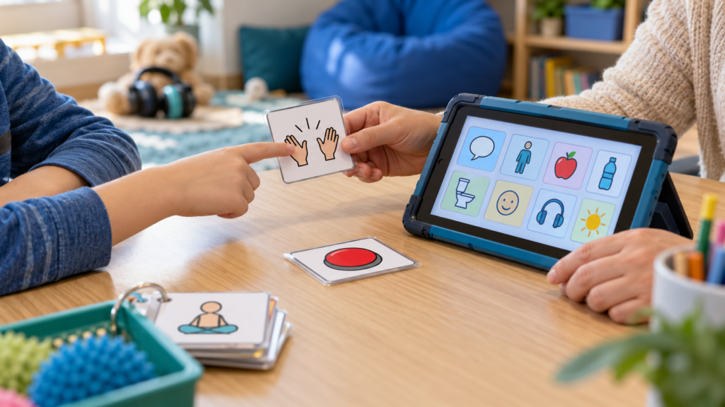 Child and supportive adult using help cards and an AAC tablet at a calm classroom table