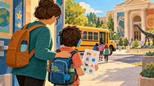 Child and teacher reviewing a picture schedule before boarding a bus for a museum field trip