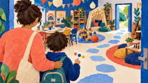 Child and caregiver previewing a welcoming after-school art and activity club from the doorway