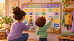 Child and parent using a simple symbol-based weekly family calendar at home