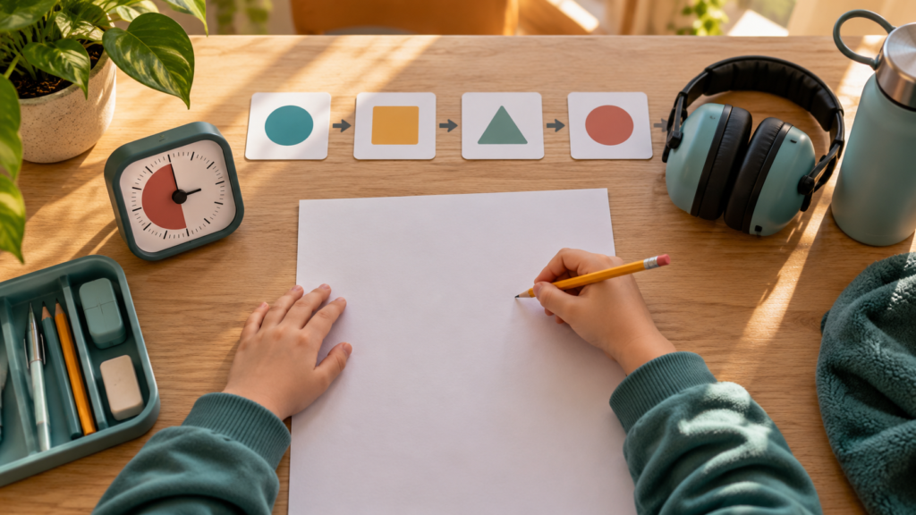 Child’s hands at a calm test desk with visual sequence cards, ear defenders and a timer