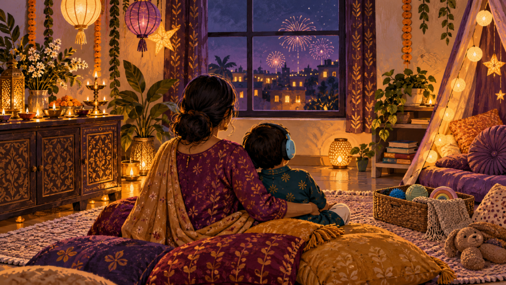 Child and caregiver enjoying a calm indoor Diwali celebration with ear defenders and a quiet space