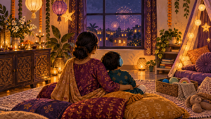 Child and caregiver enjoying a calm indoor Diwali celebration with ear defenders and a quiet space