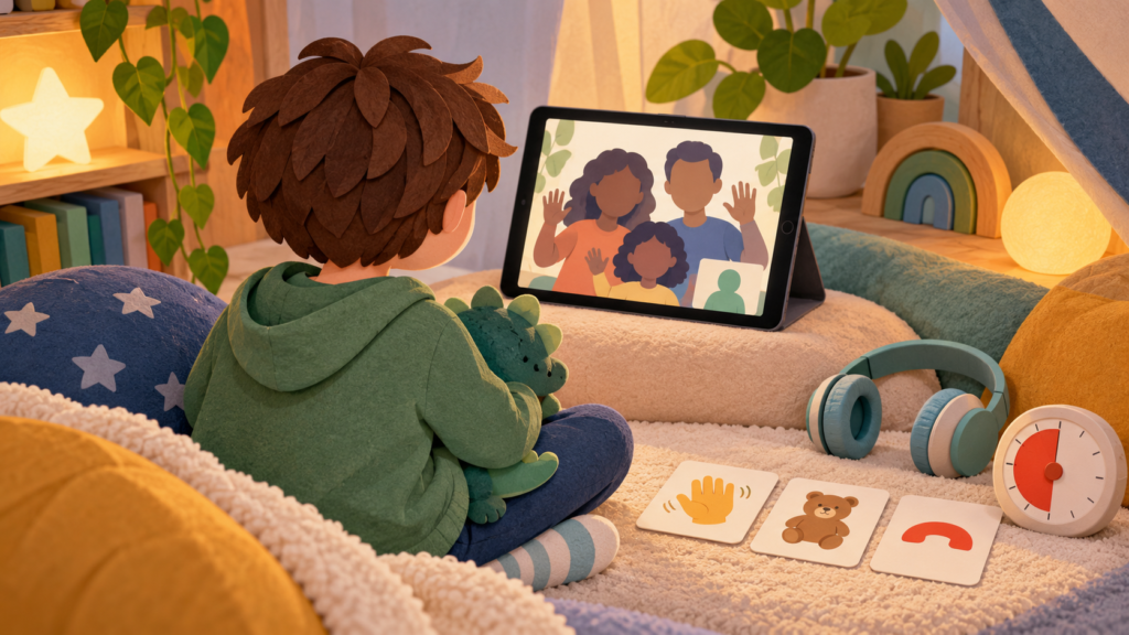 Child using a tablet for a calm low-pressure video call with family