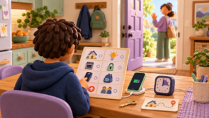 Older child checking a visual home safety plan while a parent waits nearby
