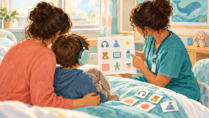 Parent and child sharing a one-page care passport with a hospital nurse