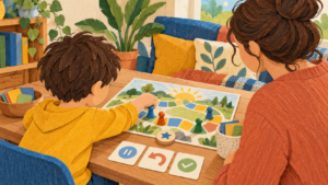 Child and caregiver playing a cooperative board game with calm choice cards nearby